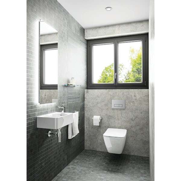 Ideal Standard Strada II wall hung toilet with Aquablade, soft close seat, frame and Oleas flush plate