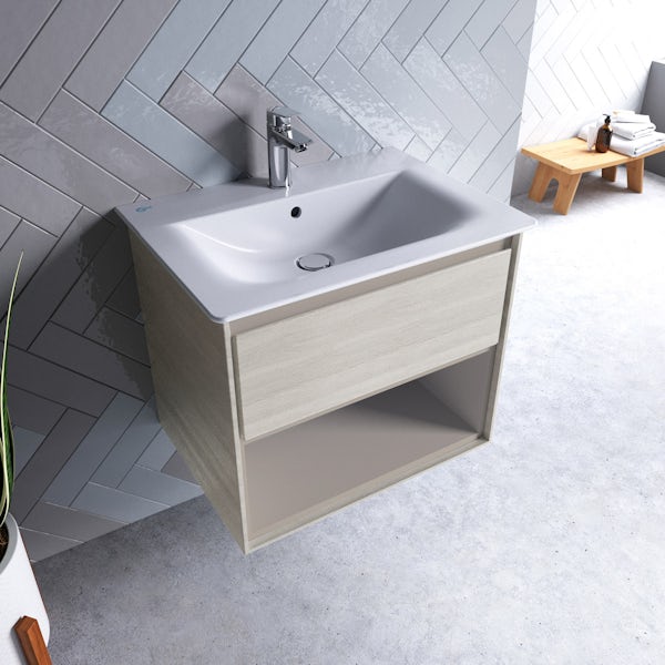 Ideal Standard Concept Air wood light brown open wall hung vanity unit and basin 600mm