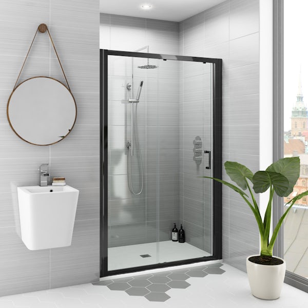 Mode black 6mm sliding shower door with white slate effect tray 1200 x 800