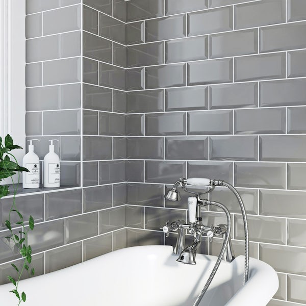 Metro Grey Gloss Bevelled Brick Tile, Brick Tile For Walls