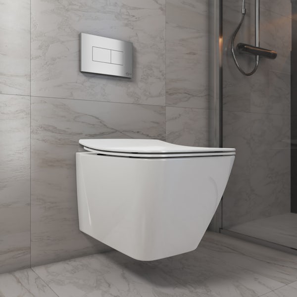 Ideal Standard Strada II wall hung toilet with soft close seat, concealed cistern, push plate and brackets