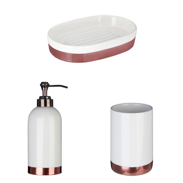 Accents White and copper tumbler, soap dish and dispenser 3 piece bathroom accessory set