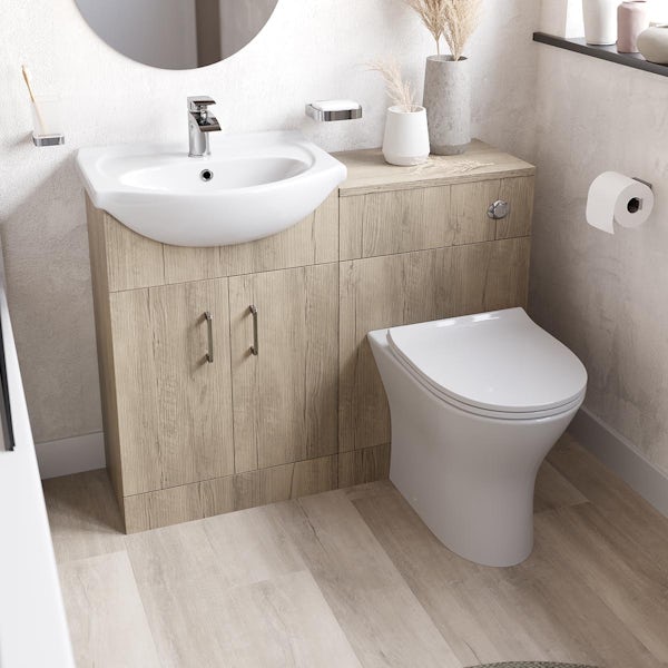 Orchard Lea oak furniture combination and Derwent round back to wall toilet with seat