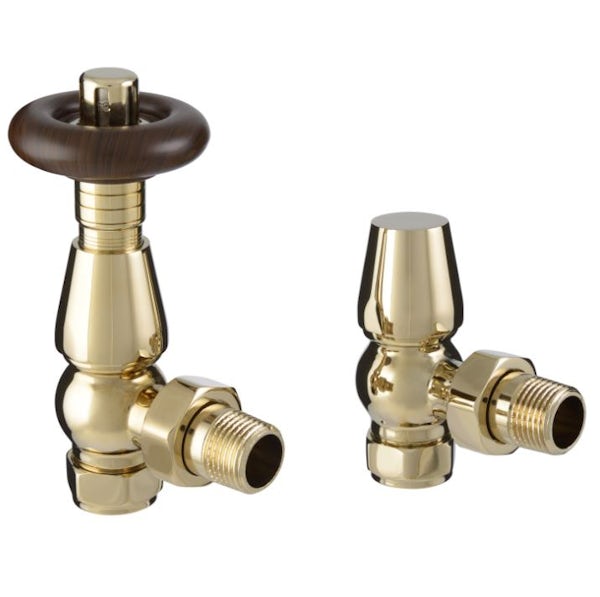 The Heating Co. Traditional thermostatic angled radiator valves with lockshield - polished brass