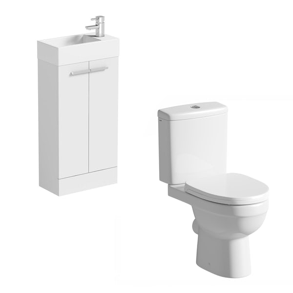 Clarity Compact white cloakroom suite with contemporary close coupled toilet, basin mixer and waste