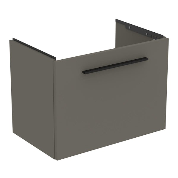 Ideal Standard i.life S quartz grey matt wall hung vanity unit with 1 drawer and black handle 600mm