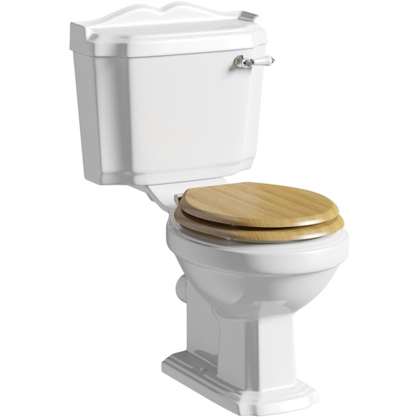 Winchester close coupled toilet suite with oak seat and full pedestal basin 600mm