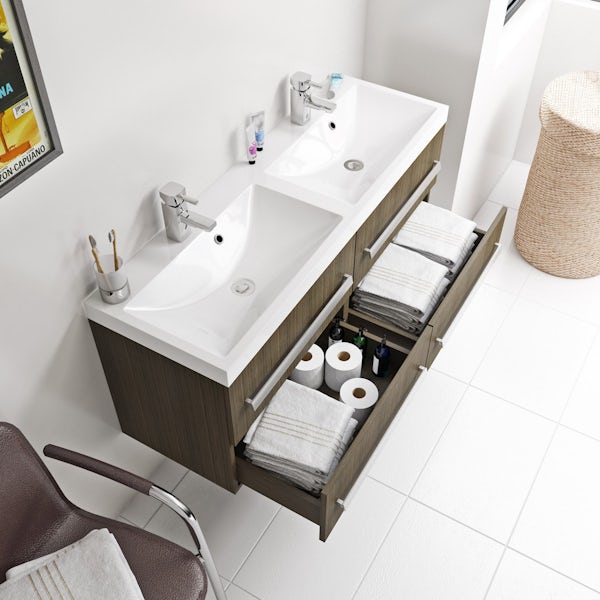 Orchard Wye walnut wall hung double vanity unit and basin 1200mm with tap
