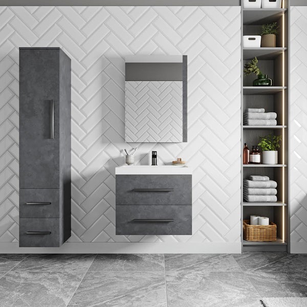 Orchard Kemp riven grey wall hung vanity unit with black handles and basin 600mm with tap