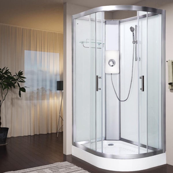 Vidalux Pure E Quadrant electric Shower cabin 1200 x 800 Left with White back panels and shower