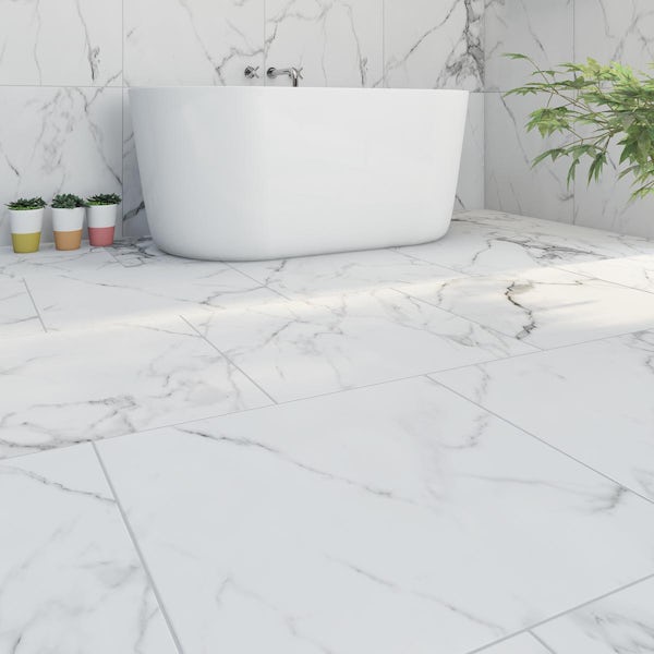 Calcolo Storm white marble effect matt wall and floor tile 600mm x 600mm