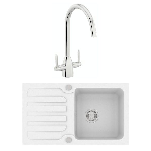 Schon Monte chalk white 1.0 bowl reversible kitchen sink with Schon dual lever kitchen tap