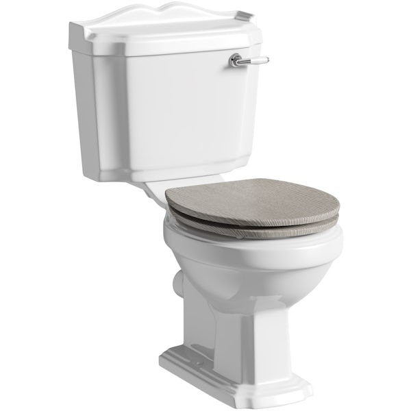 The Bath Co. Winchester close coupled toilet with soft close wooden toilet seat grey oak with pan connector