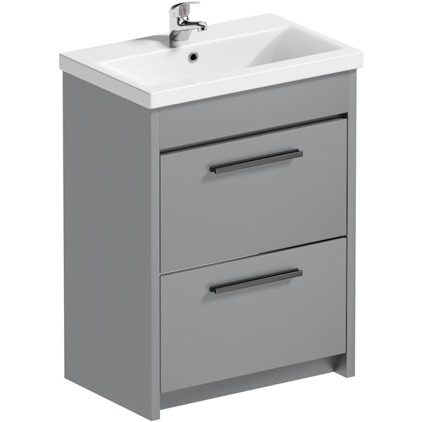 Clarity satin grey floorstanding vanity unit and ceramic basin 600mm with tap and black handles
