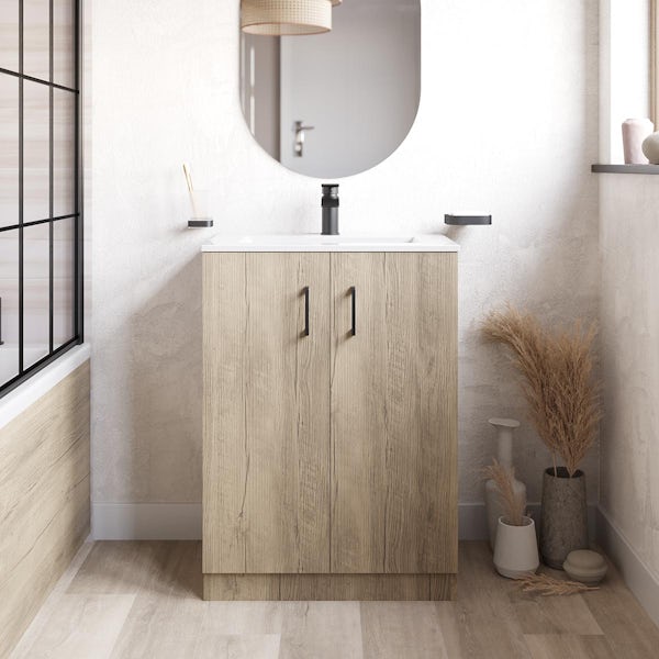 Orchard Lea oak floorstanding vanity unit with black handle and ceramic basin 600mm