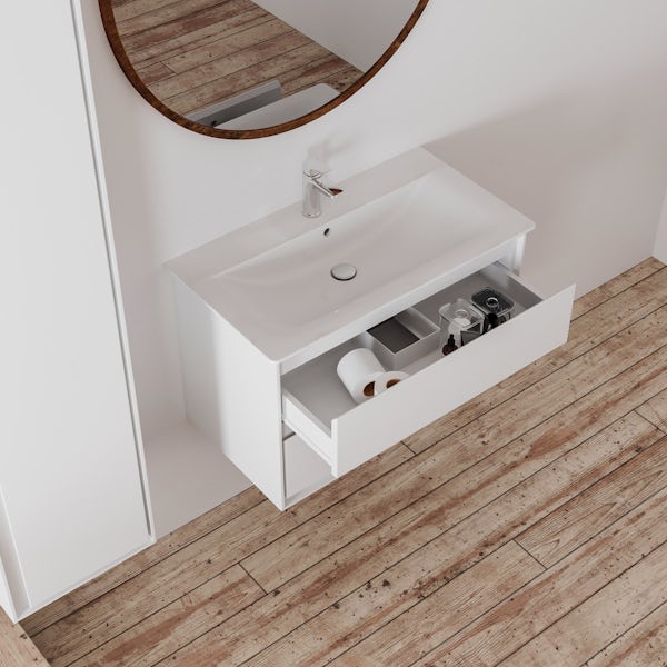 Ideal Standard Concept Air gloss and matt white vanity unit with open back close coupled toilet
