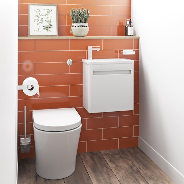 Mode De Gale white cloakroom wall hung vanity unit and left hand basin 410mm