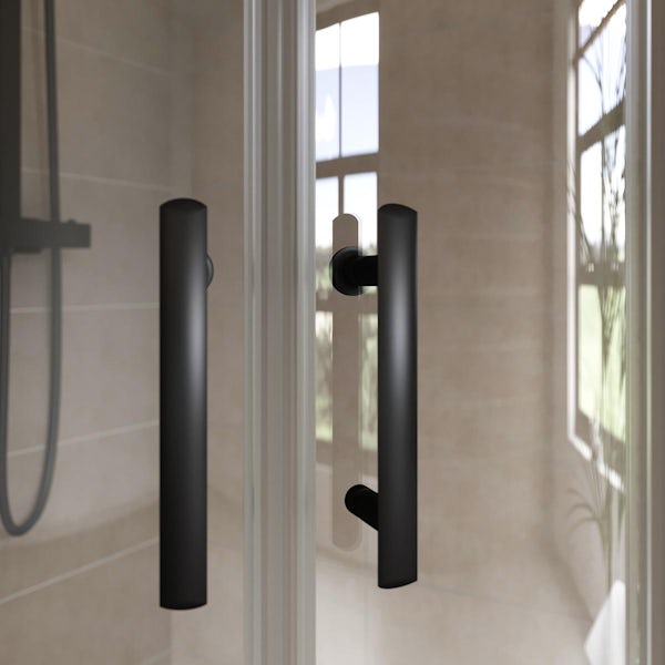 Orchard 6mm matt black 6mm quadrant shower enclosure with grey anti slip tray 800 x 800