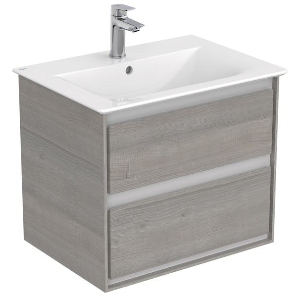 Ideal Standard Concept Air wood light grey and matt white wall hung vanity unit and basin 600mm