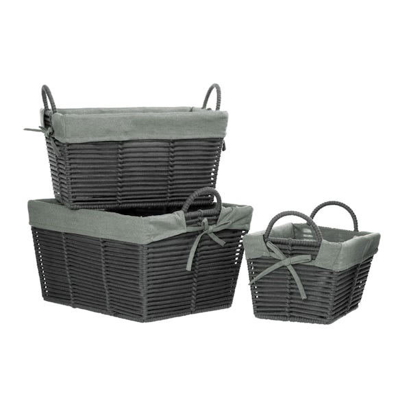 Set of 3 tapered grey storage baskets with removable liner