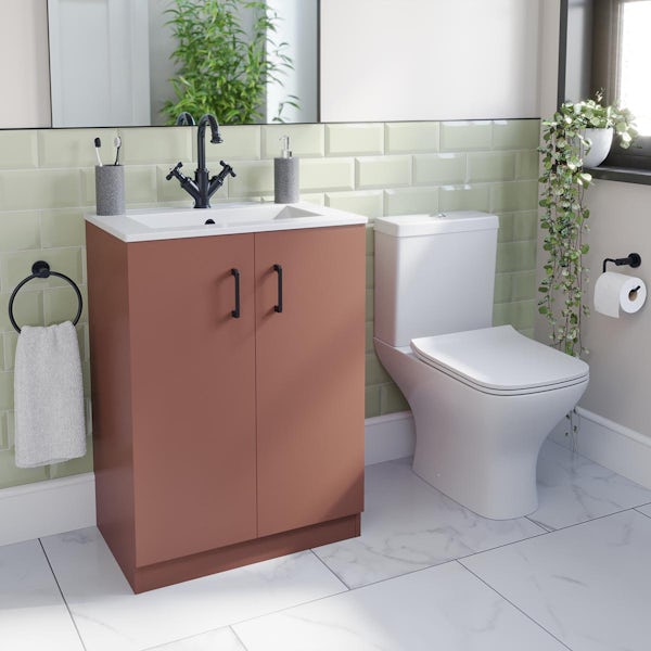 Orchard Lea tuscan red floorstanding vanity unit with black handle 600mm and Derwent square close coupled toilet suite
