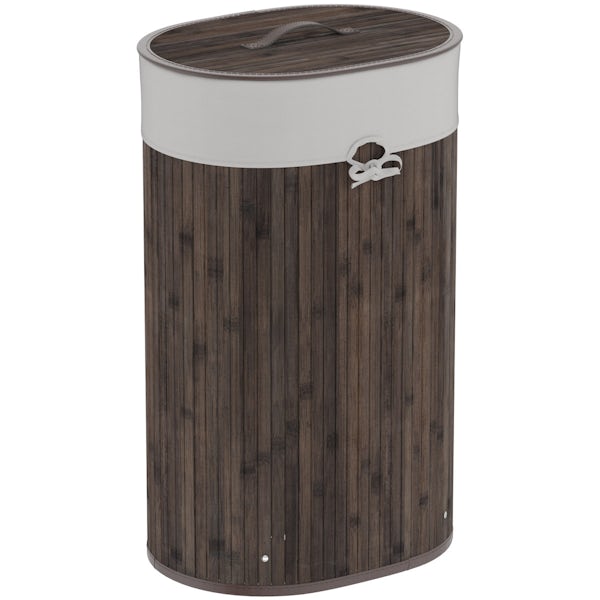 Natural bamboo dark brown oval laundry basket