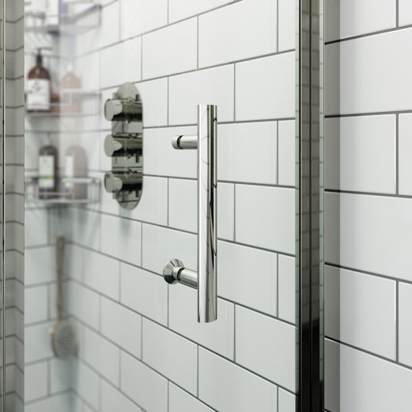 Orchard 6mm framed sliding shower enclosure with Mode Harrison thermostatic triple valve shower set