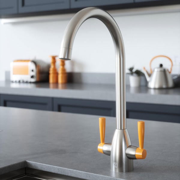 The Tap Factory Vibrance kitchen mixer tap with nickel and English mustard finish