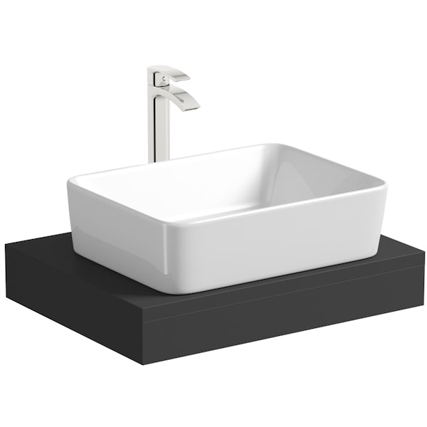 Mode Orion slate gloss grey countertop shelf 600mm with Ellis countertop basin, tap and waste