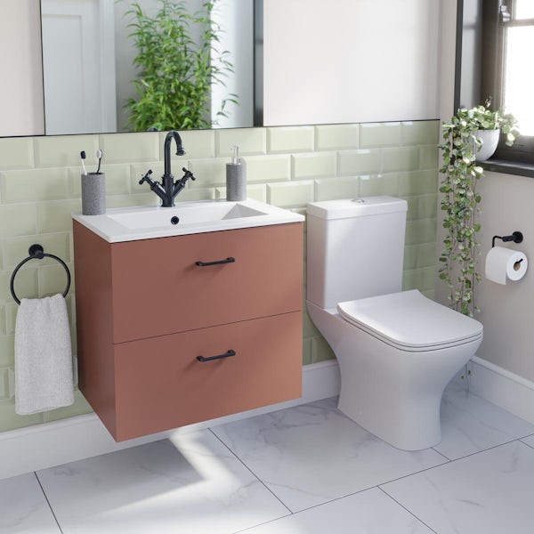 Orchard Lea tuscan red wall hung vanity unit with black handle 600mm and Derwent square close coupled toilet suite
