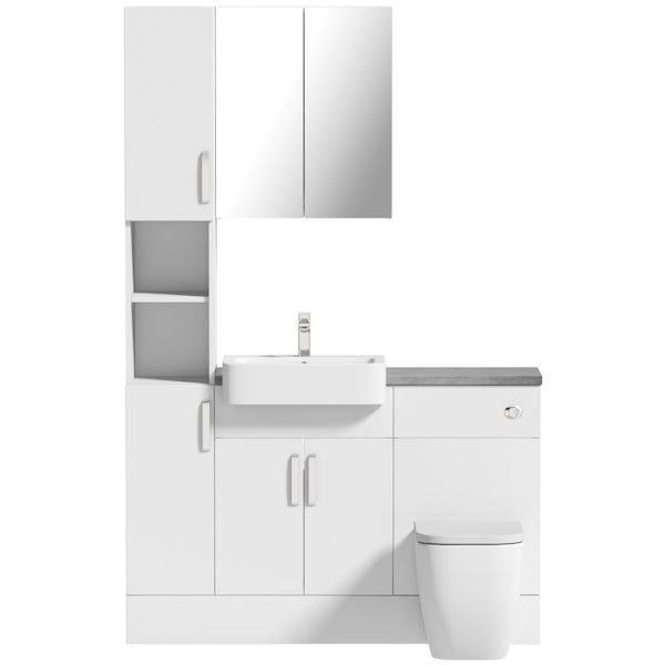 Mode Nouvel gloss white tall fitted furniture & mirror combination with pebble grey worktop