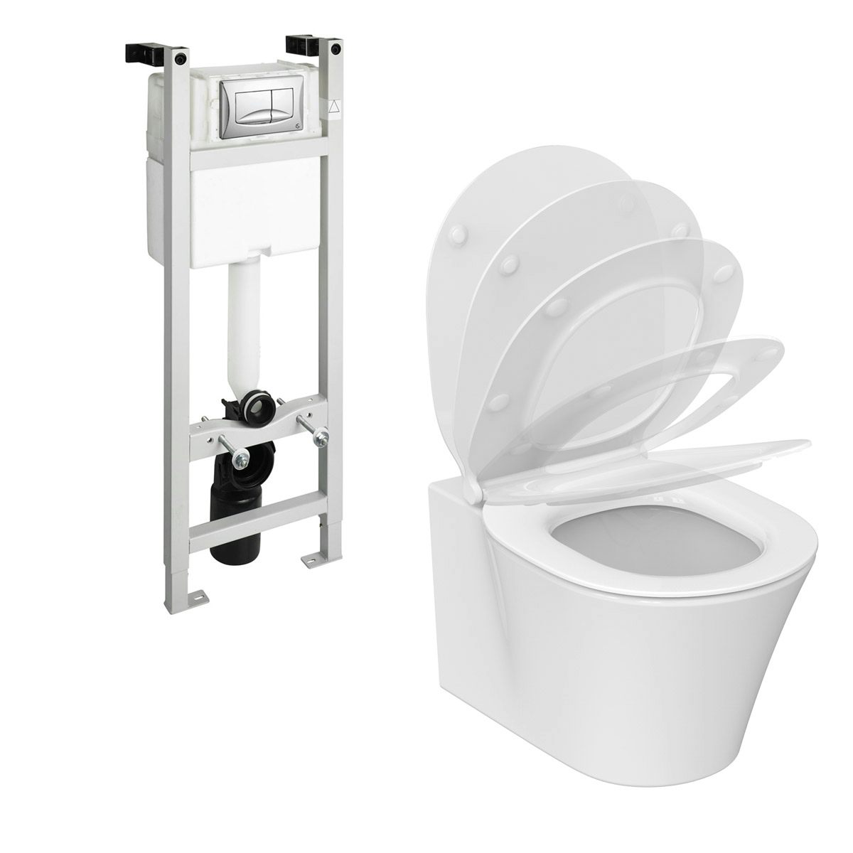 Ideal Standard Connect Air wall hung toilet with soft close toilet seat, wall mounting frame and push plate