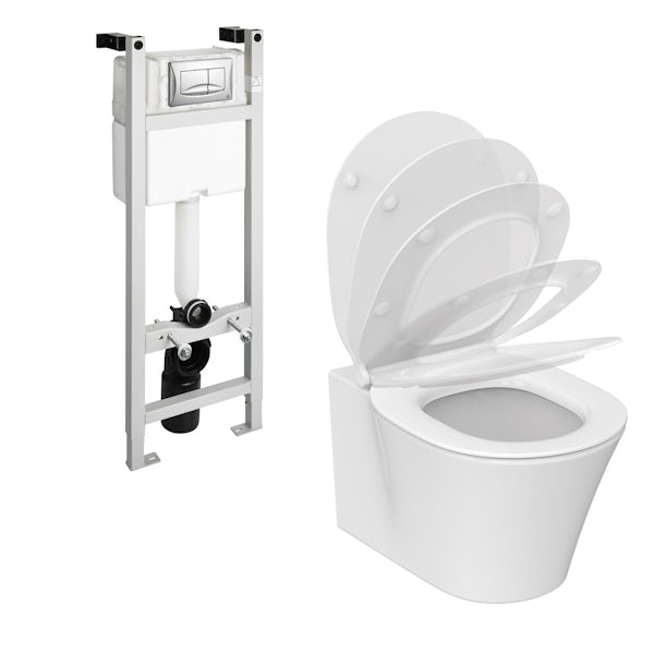 Ideal Standard Concept Air wall hung toilet with soft close toilet seat, wall mounting frame and push plate