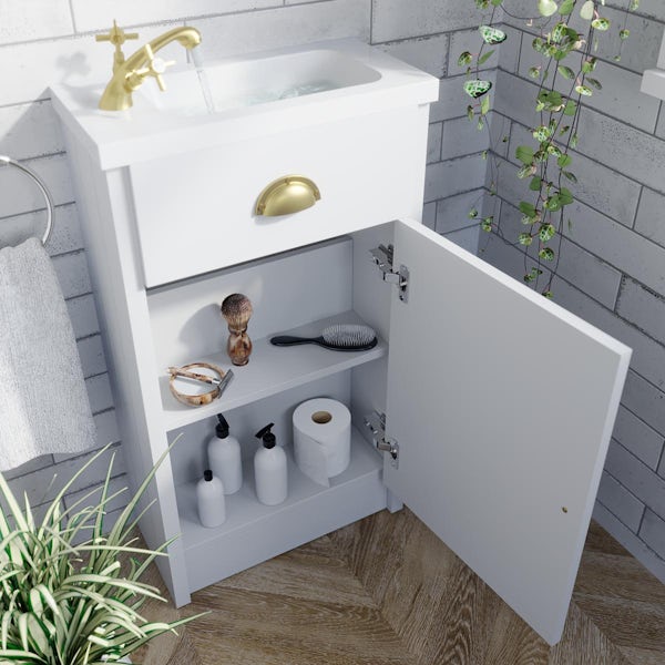 Orchard Dulwich matt white cloakroom floorstanding vanity and basin 460mm - brushed brass