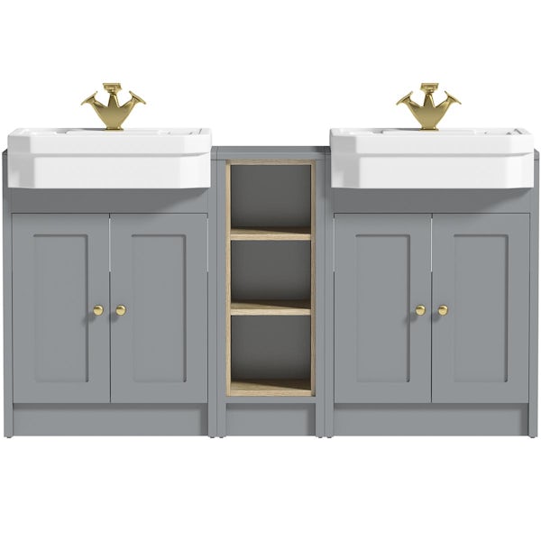 Orchard Dulwich stone grey floorstanding double vanity unit and Eton basin with open storage combination - brushed brass