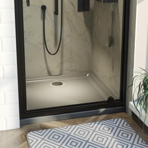 Orchard 6mm matt black pivot shower door with grey anti slip shower tray