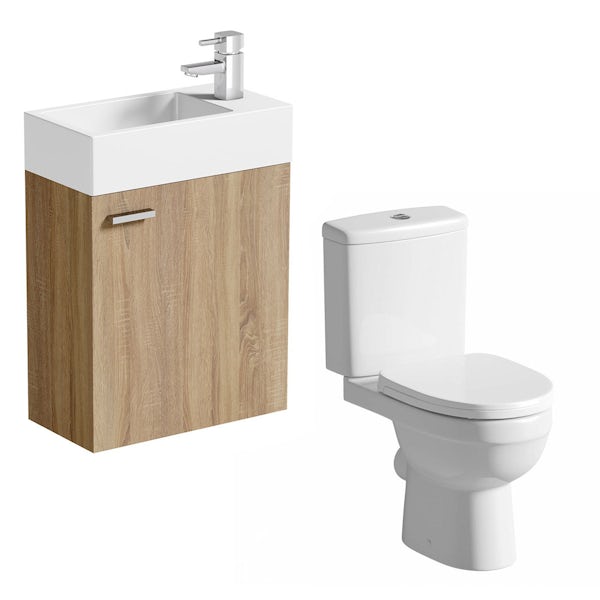 Clarity Compact oak wall hung cloakroom suite with contemporary close coupled toilet