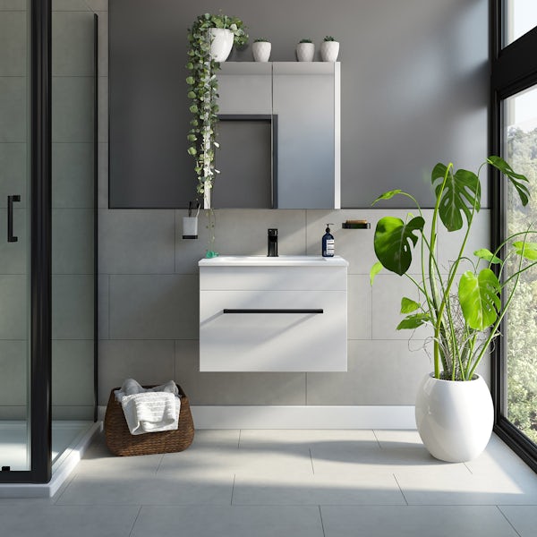 Orchard Derwent white wall hung vanity unit with black handleand ceramic basin 600mm