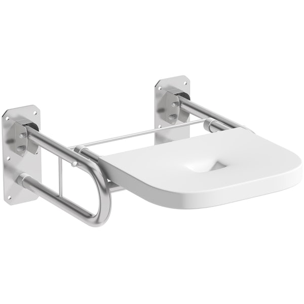 Dolphin commercial Doc M compliant stainless steel shower seat with white seat with mirror polish finish