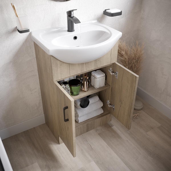 Orchard Lea oak floorstanding vanity unit with black handle and ceramic basin 550mm