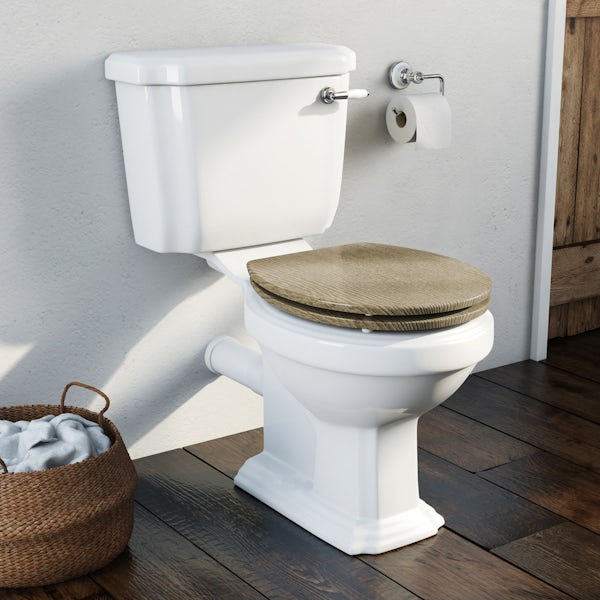 The Bath Co. Dulwich close coupled toilet with soft close wooden toilet seat grey oak effect