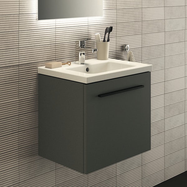 Ideal Standard i.life S quartz grey matt wall hung vanity unit with 1 drawer and black handle 500mm