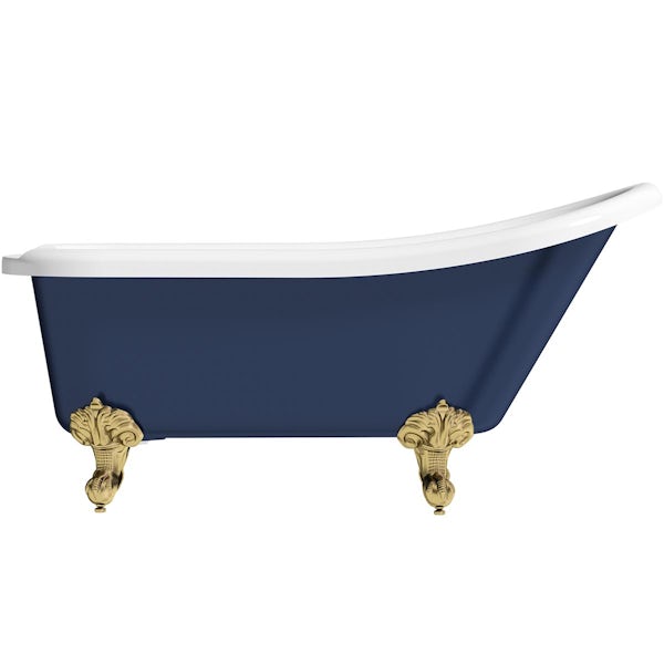 Orchard Dulwich navy single ended slipper bath with brushed brass ball and claw feet