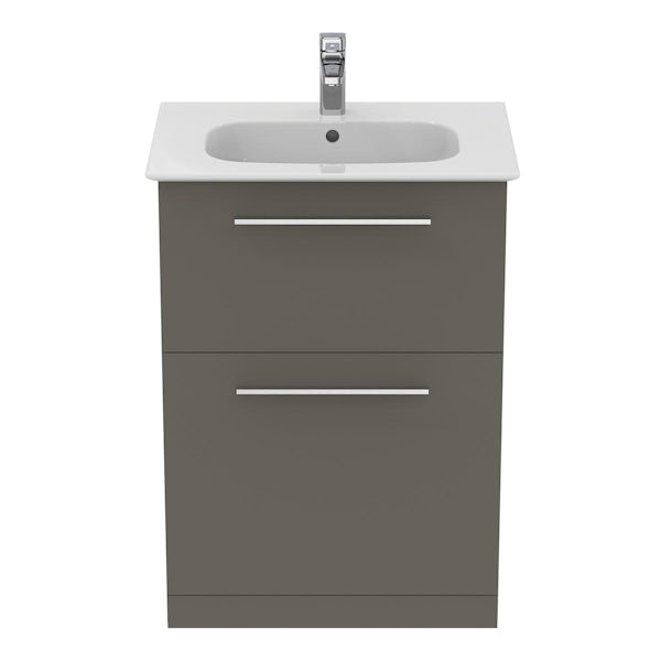 Ideal Standard i.life A quartz grey matt floorstanding vanity unit with 2 drawers and brushed chrome handles 640mm