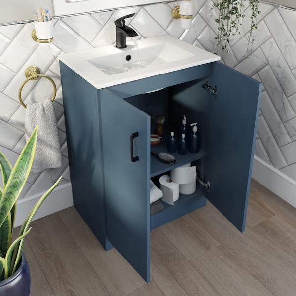 Orchard Lea ocean blue floorstanding vanity unit with black handle and ceramic basin 600mm