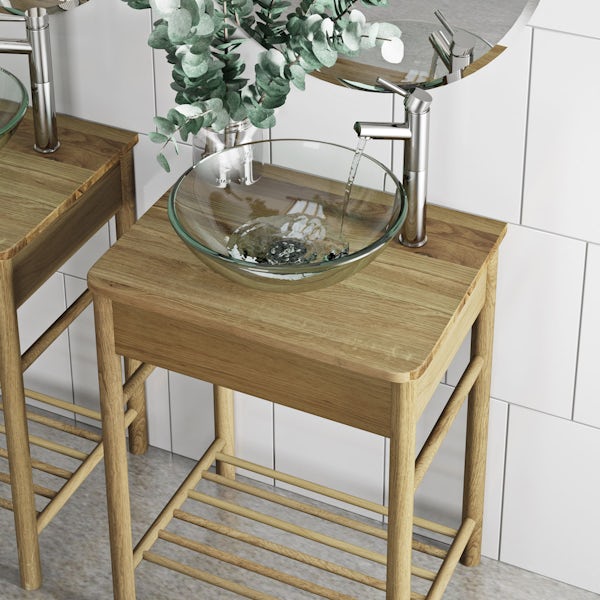 Mode South Bank natural wood washstand with Mackintosh basin, tap and waste