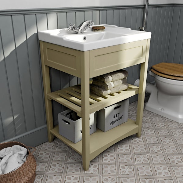 The Bath Co. Camberley satin ivory furniture package with storage unit