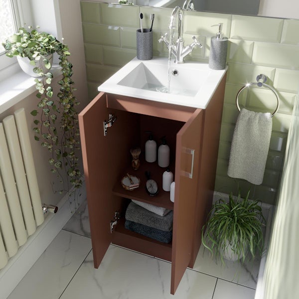 Orchard Lea tuscan red floorstanding vanity unit 420mm and Derwent square close coupled toilet suite