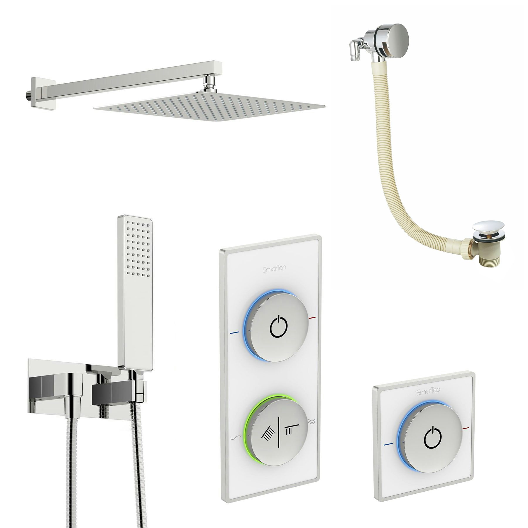 SmarTap white smart shower system with complete square wall shower outlet bath set