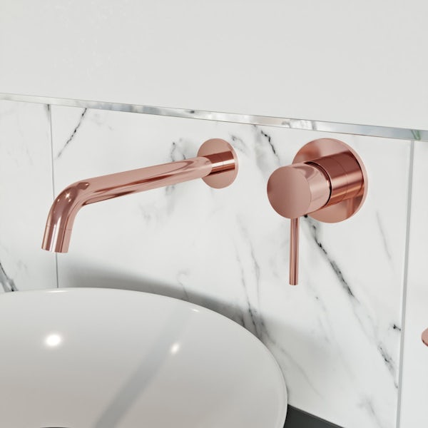 Mode Spencer round wall mounted rose gold basin and bath mixer pack